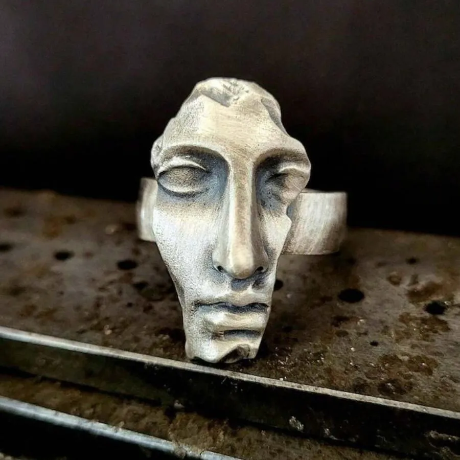 Retro Abstract Face Sculpture Open Adjustable Index Finger Ring Creative Irregular Minimalist Unisex Art Jewelry Gift For Artist