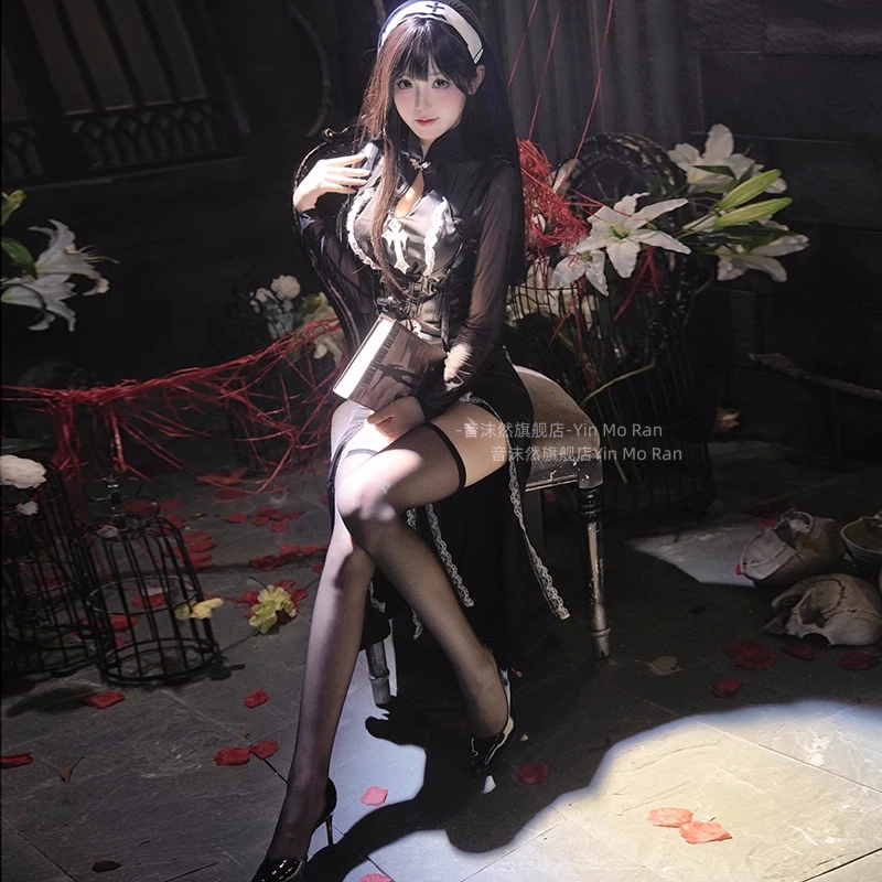 

Готическое темное платье монахини для женщин и девочек, костюмы для косплея, сексуальное сетчатое черное платье, костюм, женская праздничная одежда, одежда для ролевых игр из комиксов