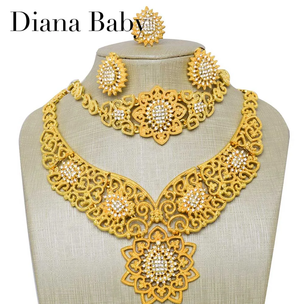 

Dubai 4 Pcs Set Jewelry 18K Gold Plated Necklace Bracelet Ring Earring For Women Wedding Party Jewellery Anniversary Gifts