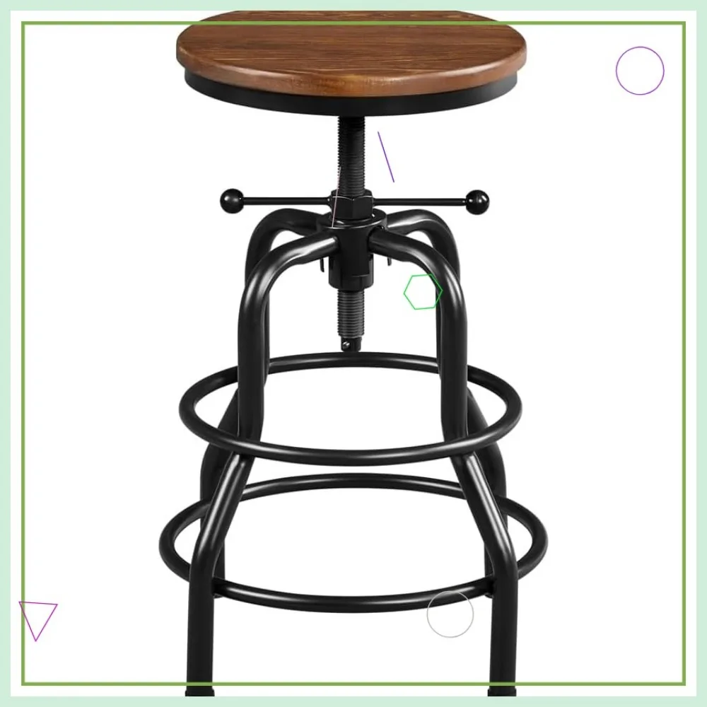 Banco de bar de metal ajustável vintage com assento de madeira para cozinha, jantar, café, altura 20-27 polegadas, marrom