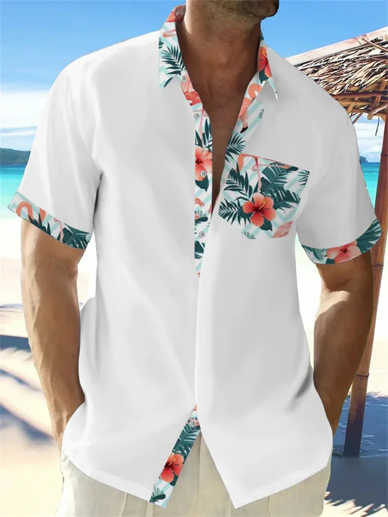 Novo masculino 3d pássaro camisa de manga curta 2025 verão moda camisa masculina lapela camisa henry