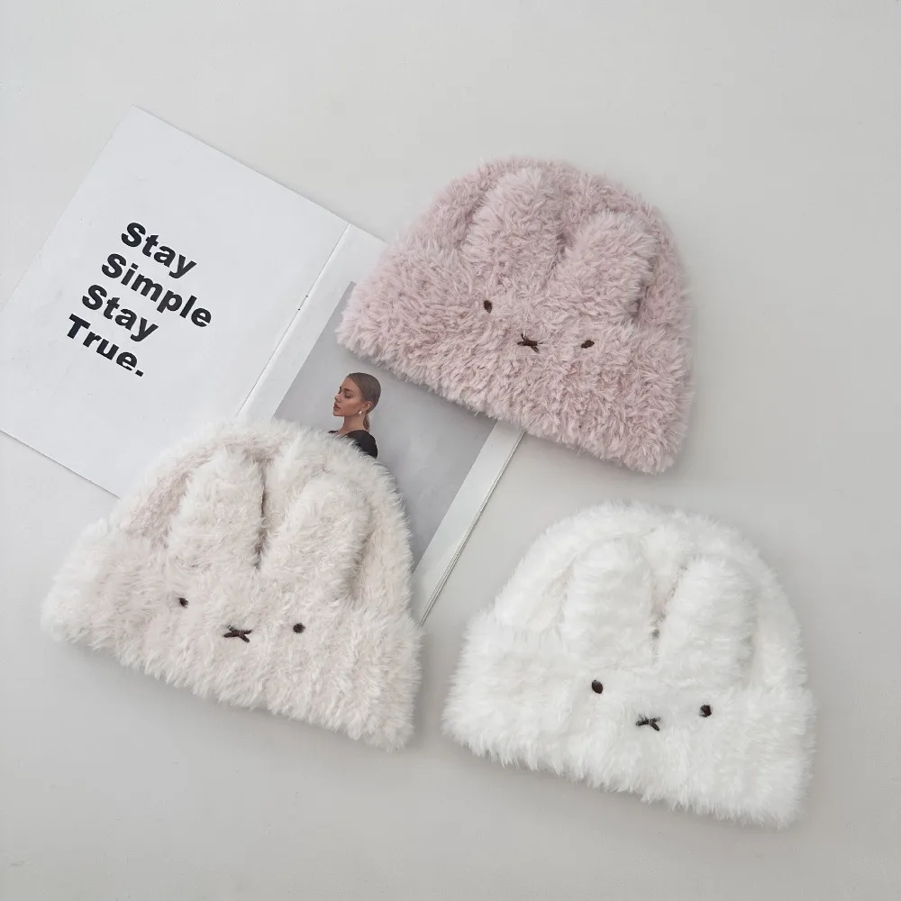 

Cute Miffy Rabbit Ears Plush Knitted Hat Women's Autumn and Winter Warm and Face-Revealing Hat with Small Big Head Circumference