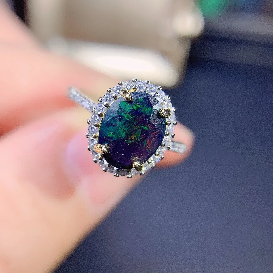 

S925 Sterling Silver Black Opal Natural Gem Jewelry Ring Women's Luxury Women's Necklace with free Christmas shipping