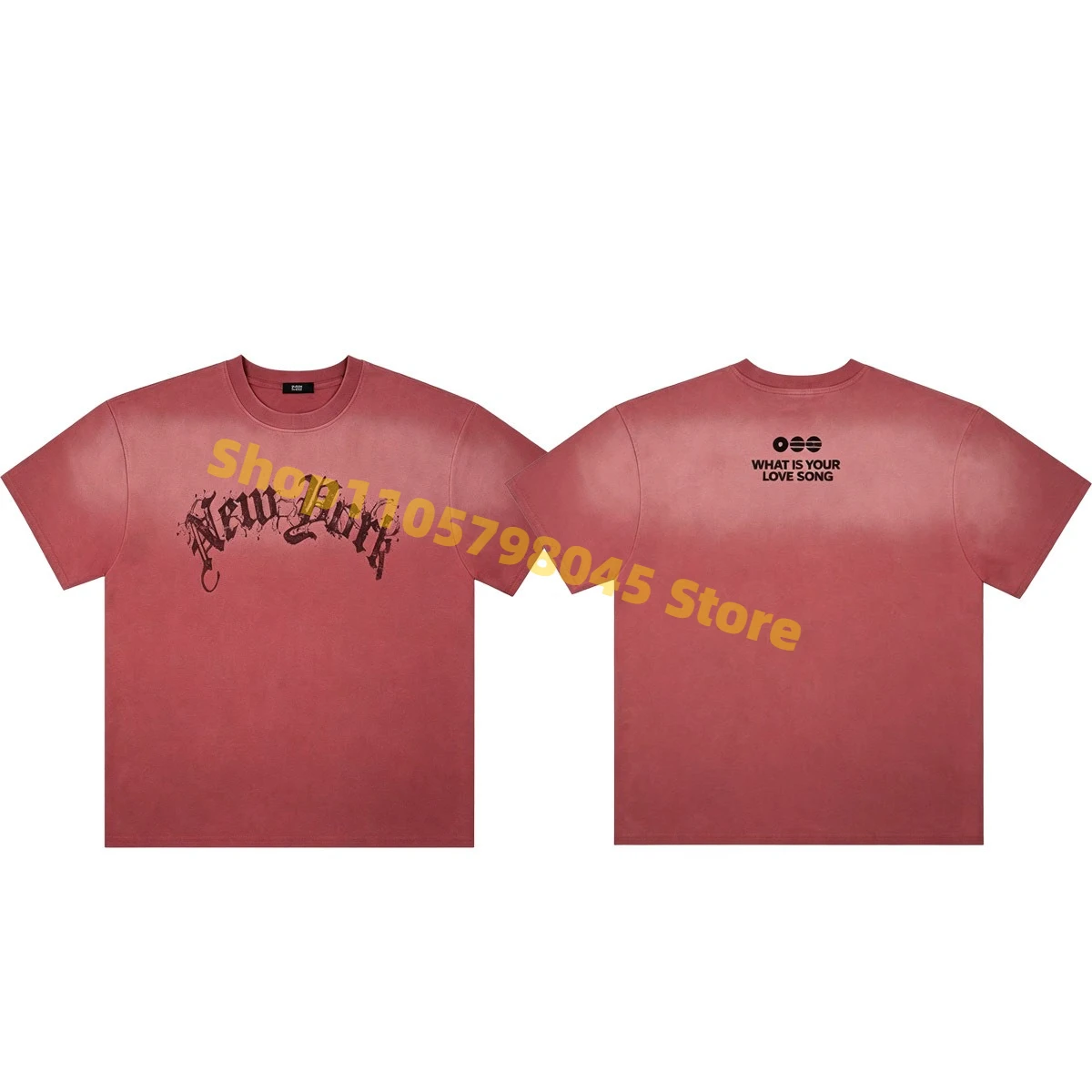 Brick‑Red Washed Short Sleeve T‑Shirt ARIRANG New York Letter Print Vintage Gradient Dye Loose Fit Casual Daily Fan Top