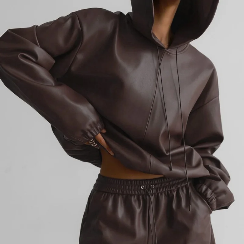 Women's Two-Piece Suit, Hooded Leather Sweater, Shorts, Street Trend, Spring, New Fashion, 2022