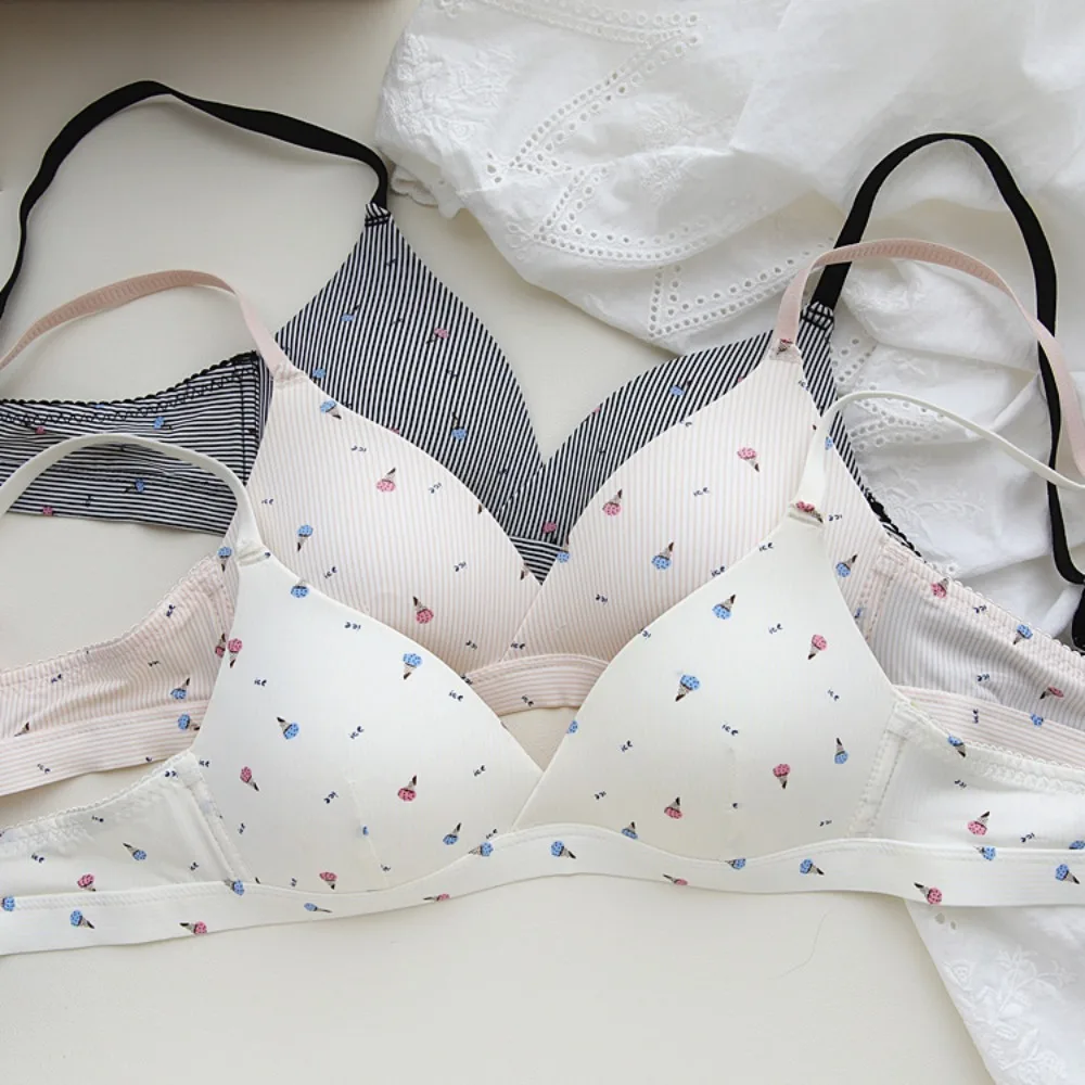 New Polyamide Thin Unwired Bra Breathable Cute Floral Thin Bra Steel Frameless Cartoon Small Boobs Gather Bra Women