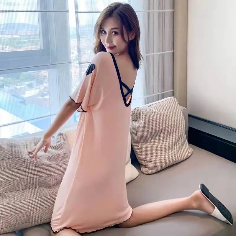 

2025 Women's Y2K Sweet Sexy Nightdress - Heart Print Crisscross Open Back Loose Fit Sleep Dress, Soft Loungewear Spring Summer