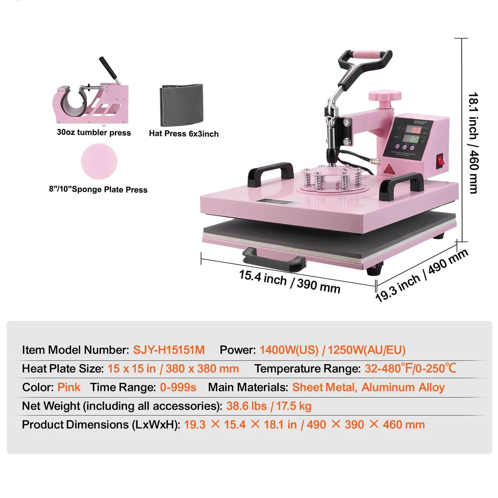 SucceBuy Warmtepersmachine 12x15 inch 8 in 1 Warmteoverdrachtmachine 360 °   Swing Away T-shirt voor T-shirts/mokken/hoeden/platen roze