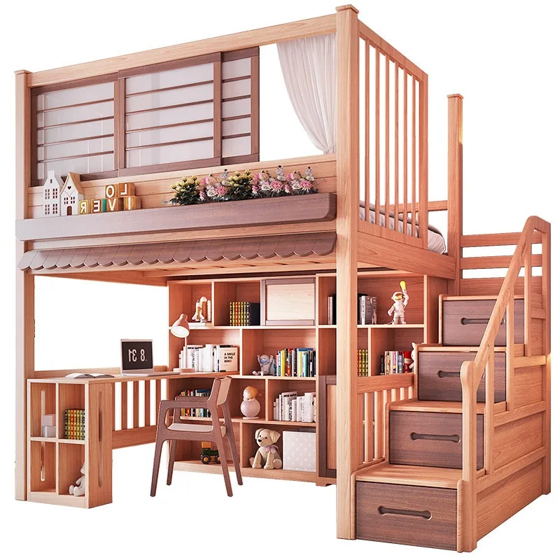 Loft High Bed With Desk Underneath Bookcase Wardrobe Combo For Small Space Kids Adult Bunk Beds Elevated Second Floor Sleeping view 4