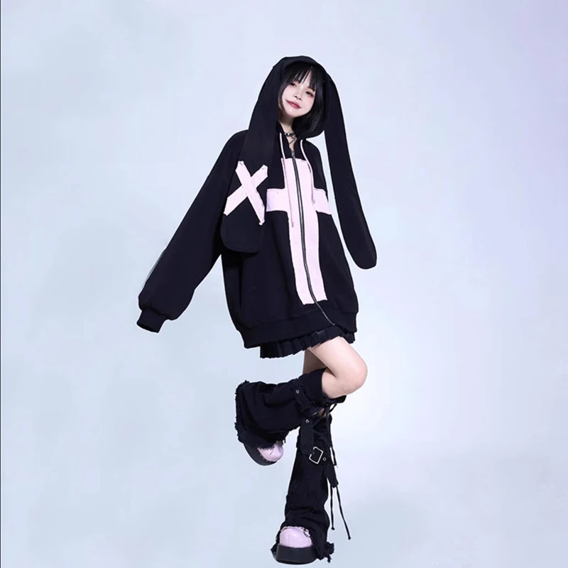 90s Loose Harajuku Y2k Long Rabbit Ears Hoodies Women Gothic Punk Sweatshirts Casual Oversize Black Hooded Coats Chic Streetwear