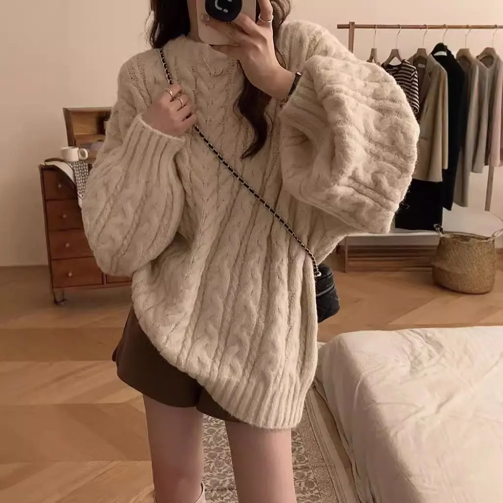 

Women's Lazy Style Soft Waxy Knitted round Neck Pullover Top Korean Loose Lantern Sleeve Sweater for Autumn Winter