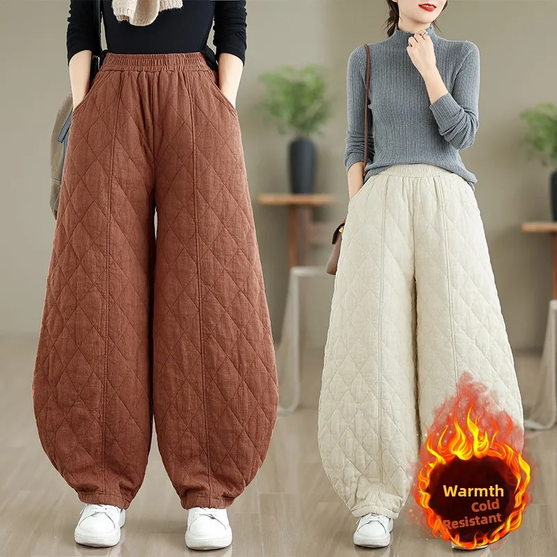 Women's Winter Thickened Cotton-Polyester Blend Thermal Lantern Pants Vintage Stitched Cotton Fleece Diamond Pattern Trousers