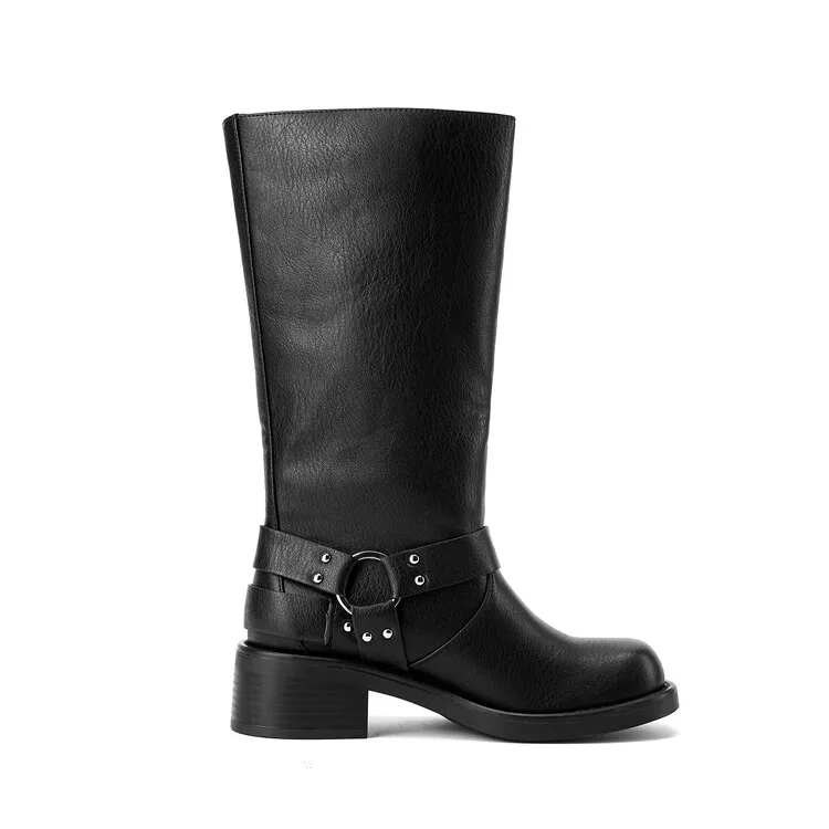 CHMURY  Jean Boots Women 2024 Fall Black Leather Low Heel Mid Calf Block Heels