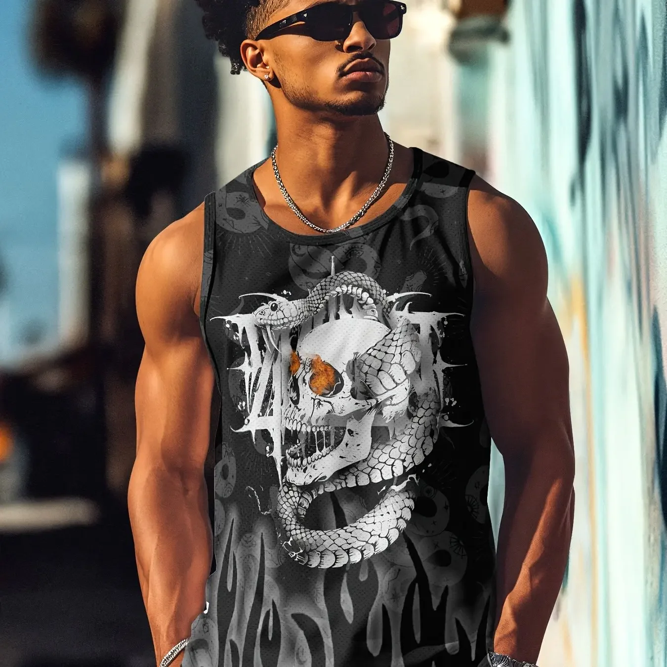 

Pop Summer New Men's Vest T-shirt Retro Skull Pattern Round Neck Clothing Daily Fitness Sports Breathable And Comfortable Vest