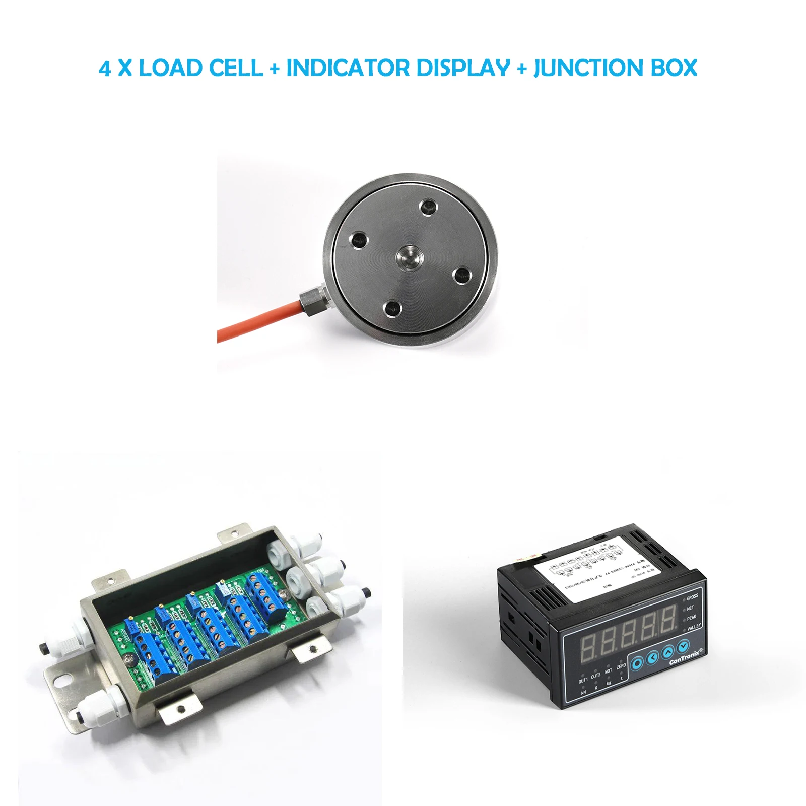 Cella di carico 4x + Display 1 indicatore + 1 scatola di giunzione, sensore di pressione del peso della forza di compressione di prova per bilancia