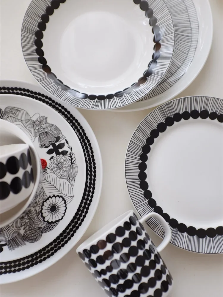 

Nordic Style Ceramic Dessert Plate Black White Dot Line Pattern Garden Theme Glaze on Color Dinnerware Dish Home Use Soup Bowl