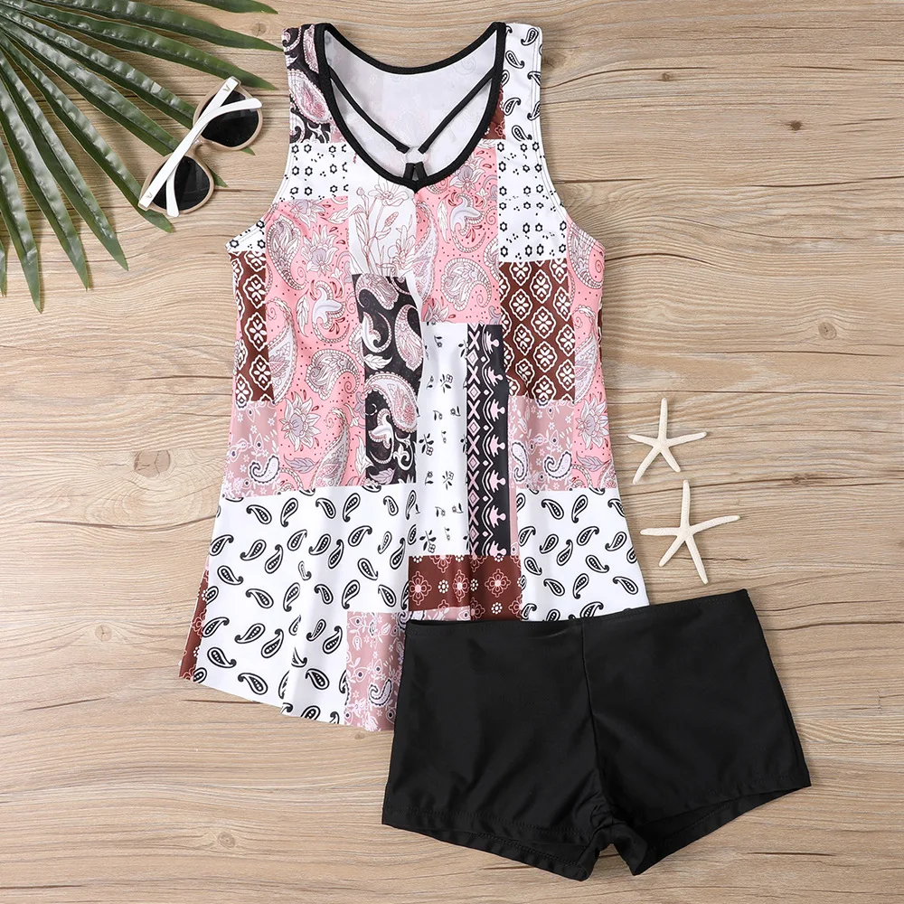 스포티 래쉬가드 탱키니 투피스 통기성 및 빠른 건조 여성용 운동 수영복 여름 블루 반바지 슈트 휴가용 탱키니