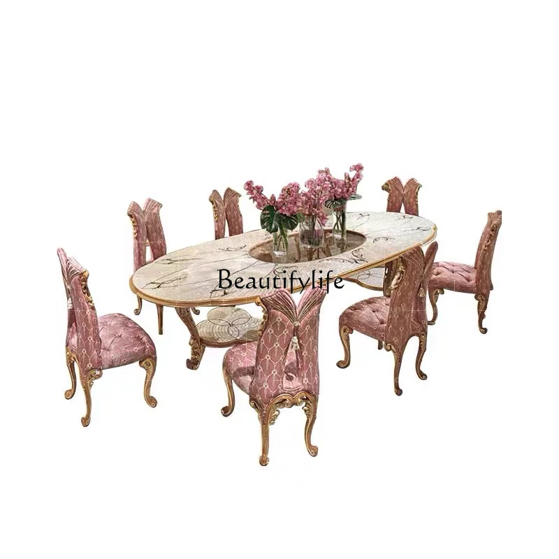 

European luxury dining table and chair combination solid wood carving oval dining table French court