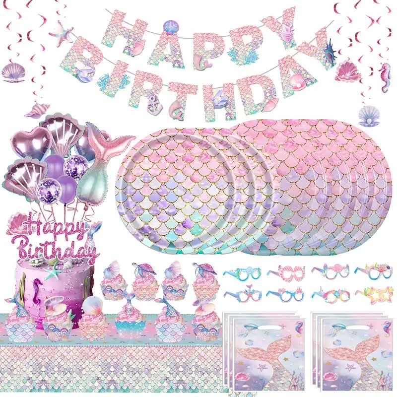 Kit de décoration de fête d'anniversaire sirène, vaisselle, bannière suspendue, toile de fond, sacs cadeaux, ballons, fournitures pour fête d'enfants