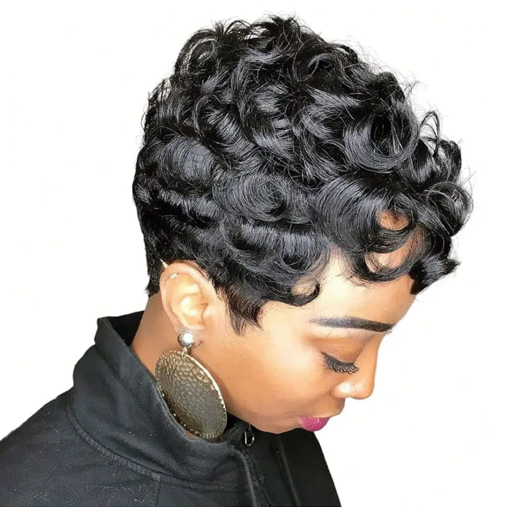 

Парик из натуральных волос, машинная работа, кудрявая стрижка пикси, короткий парик, кудрявые парики из натуральных волос для женщин, для повседневной носки