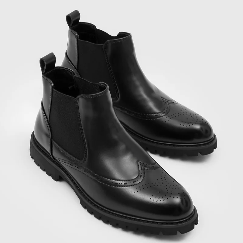 

large size men casual business office chelsea boots slip-on carved brogue shoes cowboy original leather boot stylish ankle botas