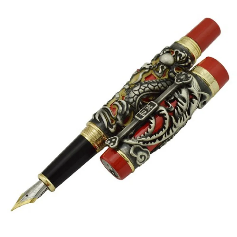 Pluma estilográfica vintage A+ Jinhao Dragon Phoenix, pluma tallada de lujo, gris y rojo