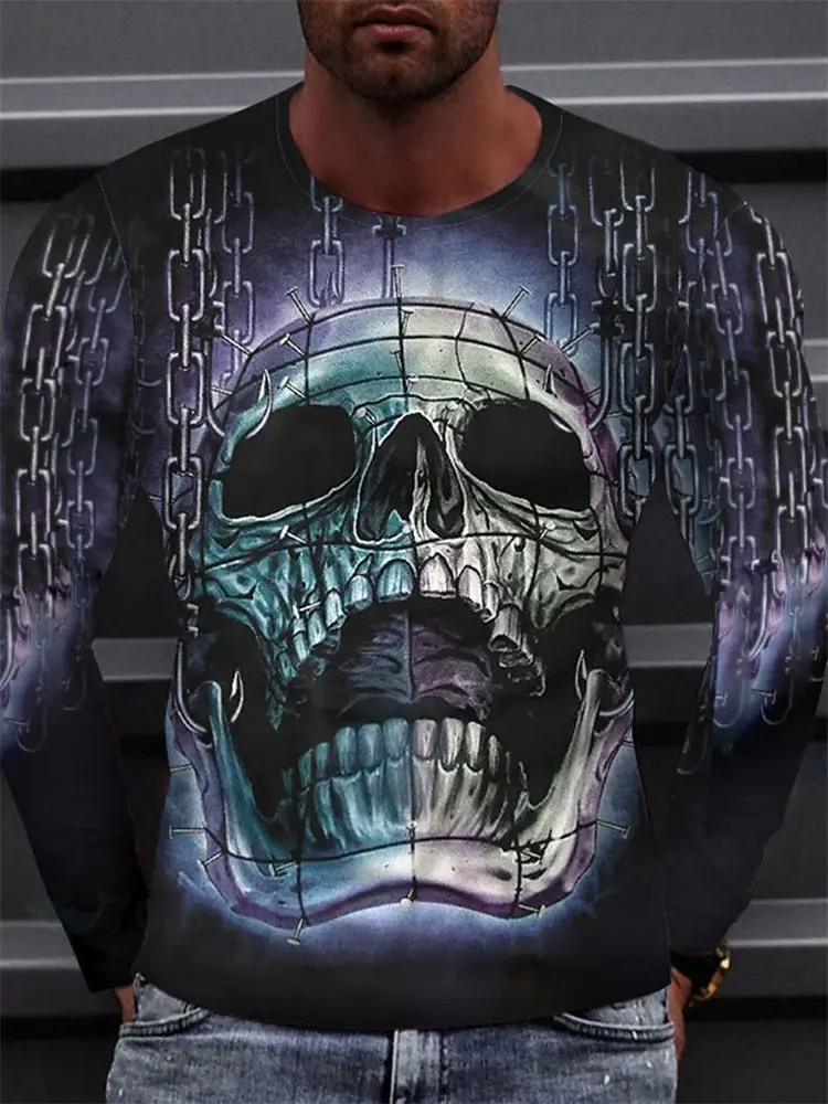 Tee Gothic Dark Streetwear Casual Pullover Tops Gift New Style  Men's 3D Skull Long Sleeve T-Shirt Chains Stitched Graphic