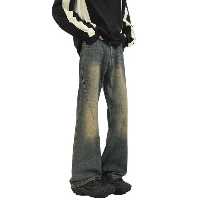 

High Street Washed Distressed Bootcut Jeans Men Spring Summer Fashion Brand American Slimming Wide-leg Casual Trousers