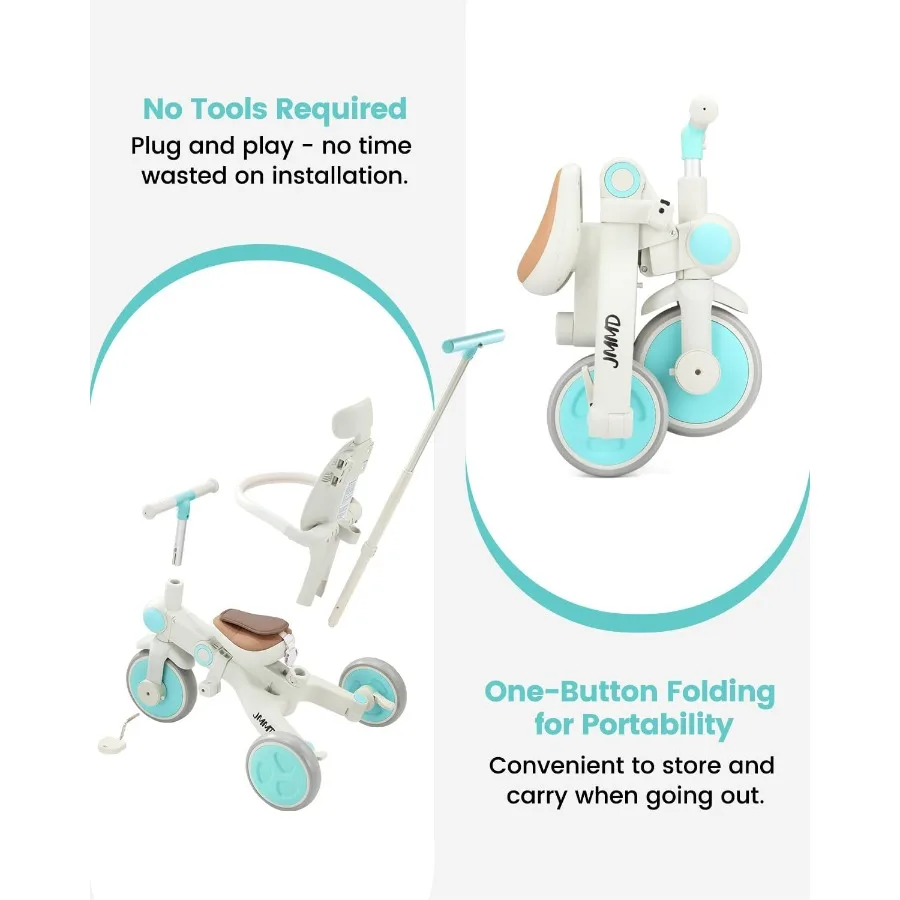 รถสามล้อเด็กอเนกประสงค์ 7-in-1 พร้อมที่จับสำหรับผู้ปกครองแบบปรับได้, สายรัดนิรภัยและเบรกที่ล้อ, หลังคาที่ถอดออกได้