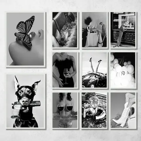 Canvas Painting Posters and Prints Wall Art Black and White Women Drink Fashion Poster Photography Fashion Print Bar Cart Salon