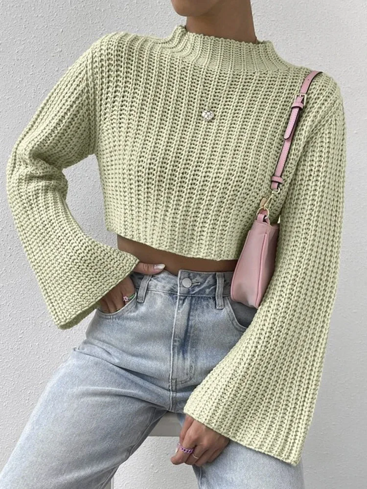 New Korean Style Solid Cropped Sweater Women Vintage Oversize Knit Jumper Fmale Autumn Long Sleeve O-neck Pullovers Tops