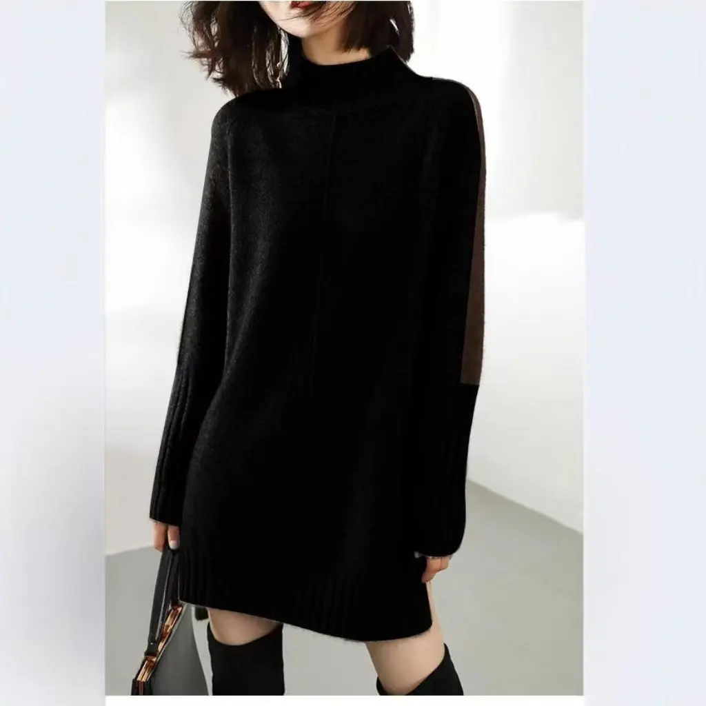 

Women's Autumn Winter Half-Turtleneck Sweater Mid-Length Wool Knitwear plus Size Loose Thickened Base Shirt Dress