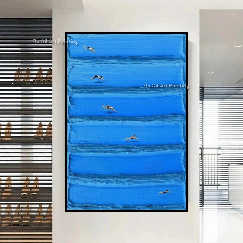 Original Design Blue Pool Artwork People Swimming Canvas Oil Painting Large Light Blue White Human Playing Home Wall Art Items
