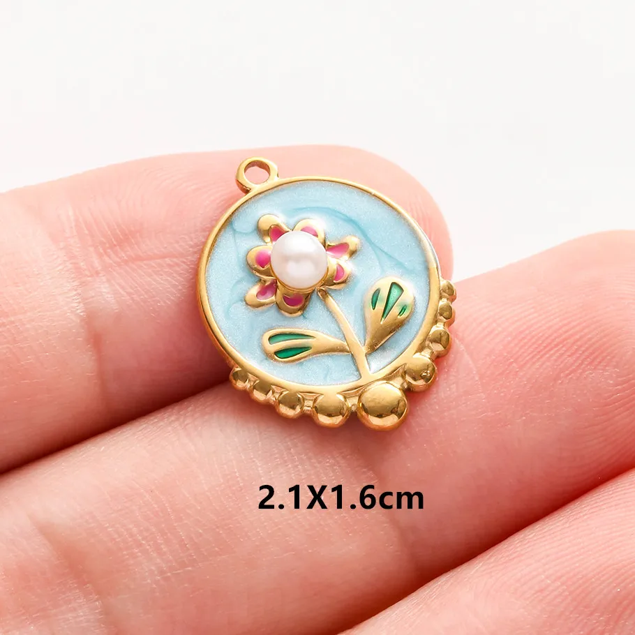 Echte Naturperlen, ovale, unregelmäßige Rosenblüten-Tulpen-Anhänger, bunte Emaille-Charms, Edelstahl-Charms für die Schmuckherstellung, Großhandel. – Detail 22