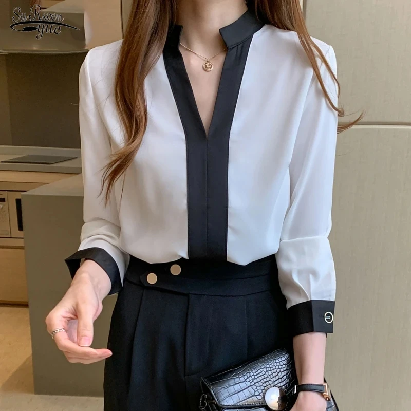 Autumn New Casual V-neck Women\'s Blouse 2023 Spring Office Lady Long Sleeve Chiffon Shirts Fashion Korean Style Tops 11189