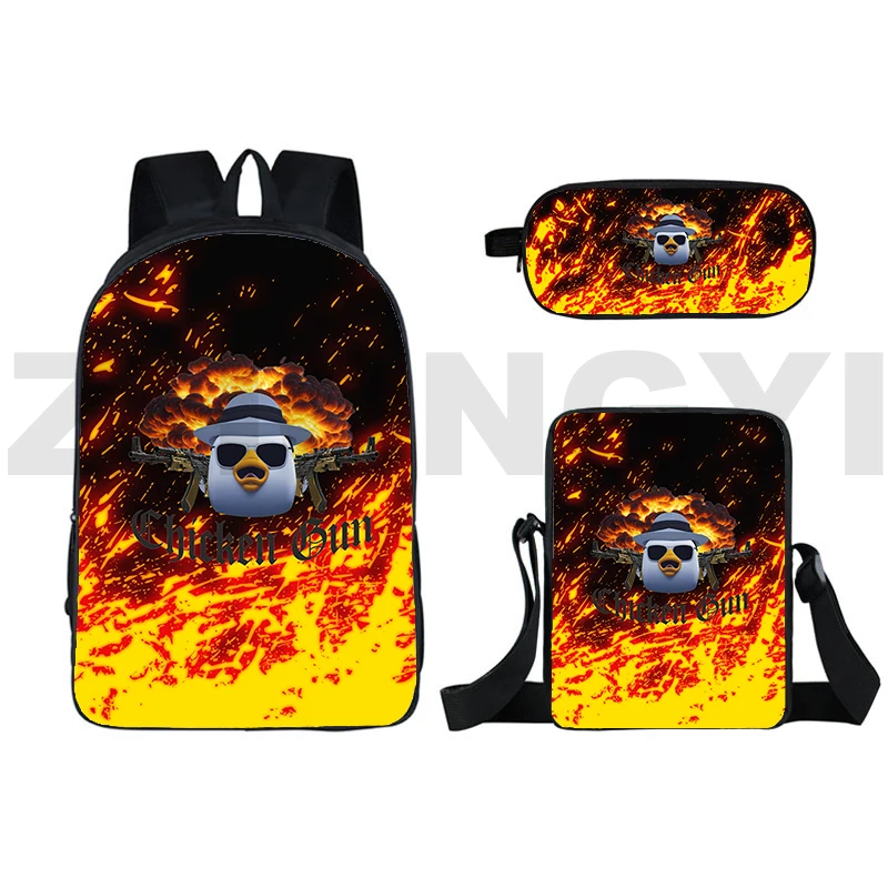 Game Chicken Gun School Bags for Teenager Student 3 in 1 Anime Pencil Case Mens Notebook Urban Bookbag Laptop Backpack Crossbody