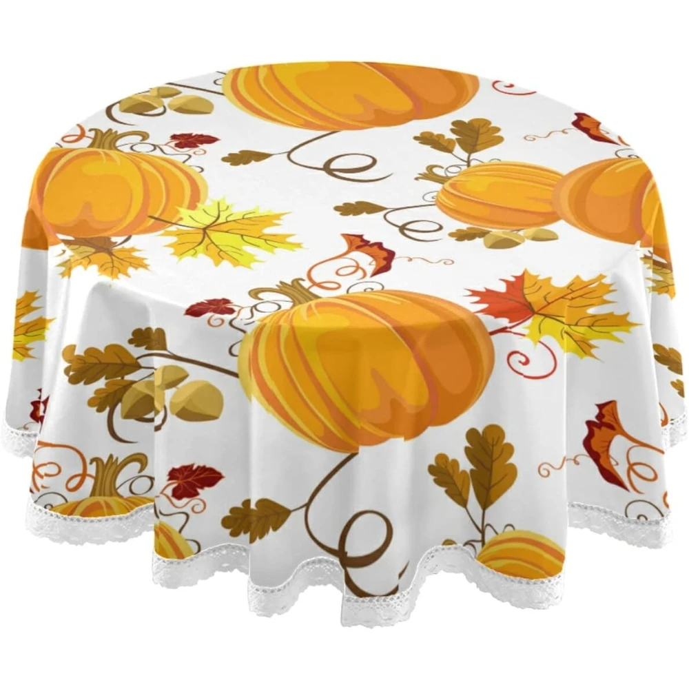 

Seamless Orange Floral Autumn Pumpkins with Maple Oak Tree Leaves Round Lace Tablecloth, Washable Decor 60"x 60"