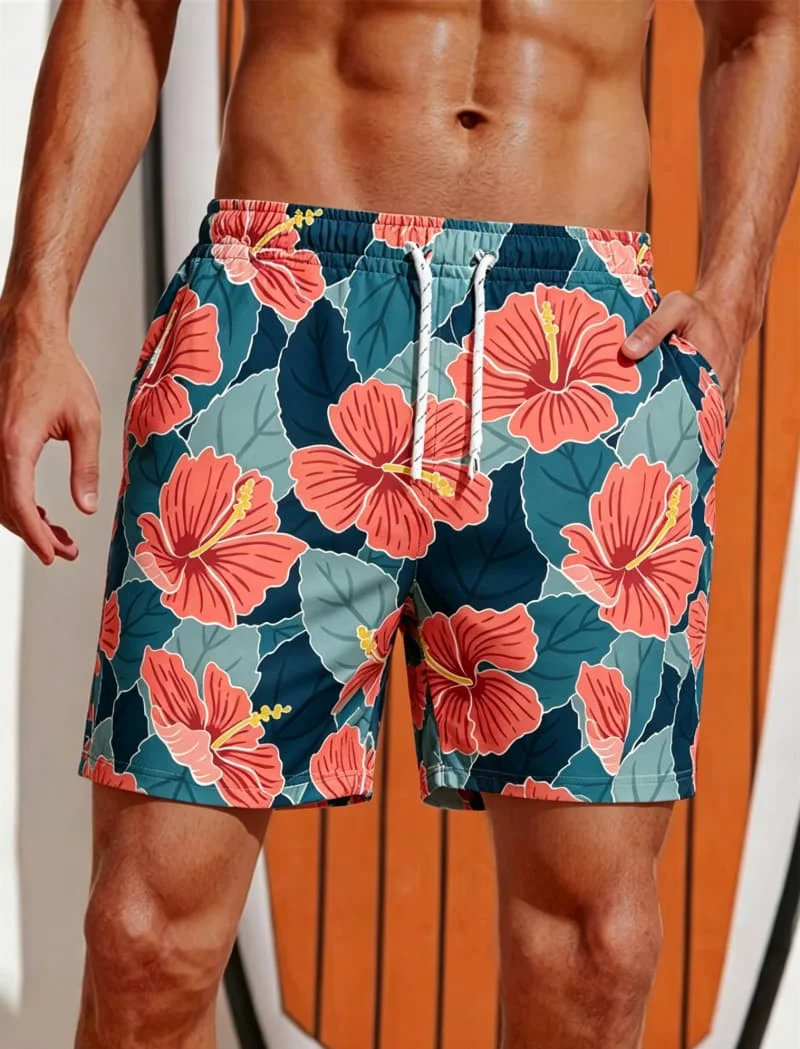 

Men's abstract tropical floral printed quick drying beach shorts, with a refreshing style, for outdoor sports and beach strolls