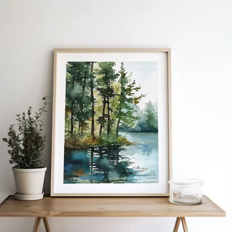 ملصق فن المناظر الطبيعية التجريدية بالألوان المائية ، بحيرة الغابات ، شجرة دائمة الخضرة ، لوحة قماشية من الصنوبر ، غرفة المعيشة ، السجل ، ديكور المنزل #4