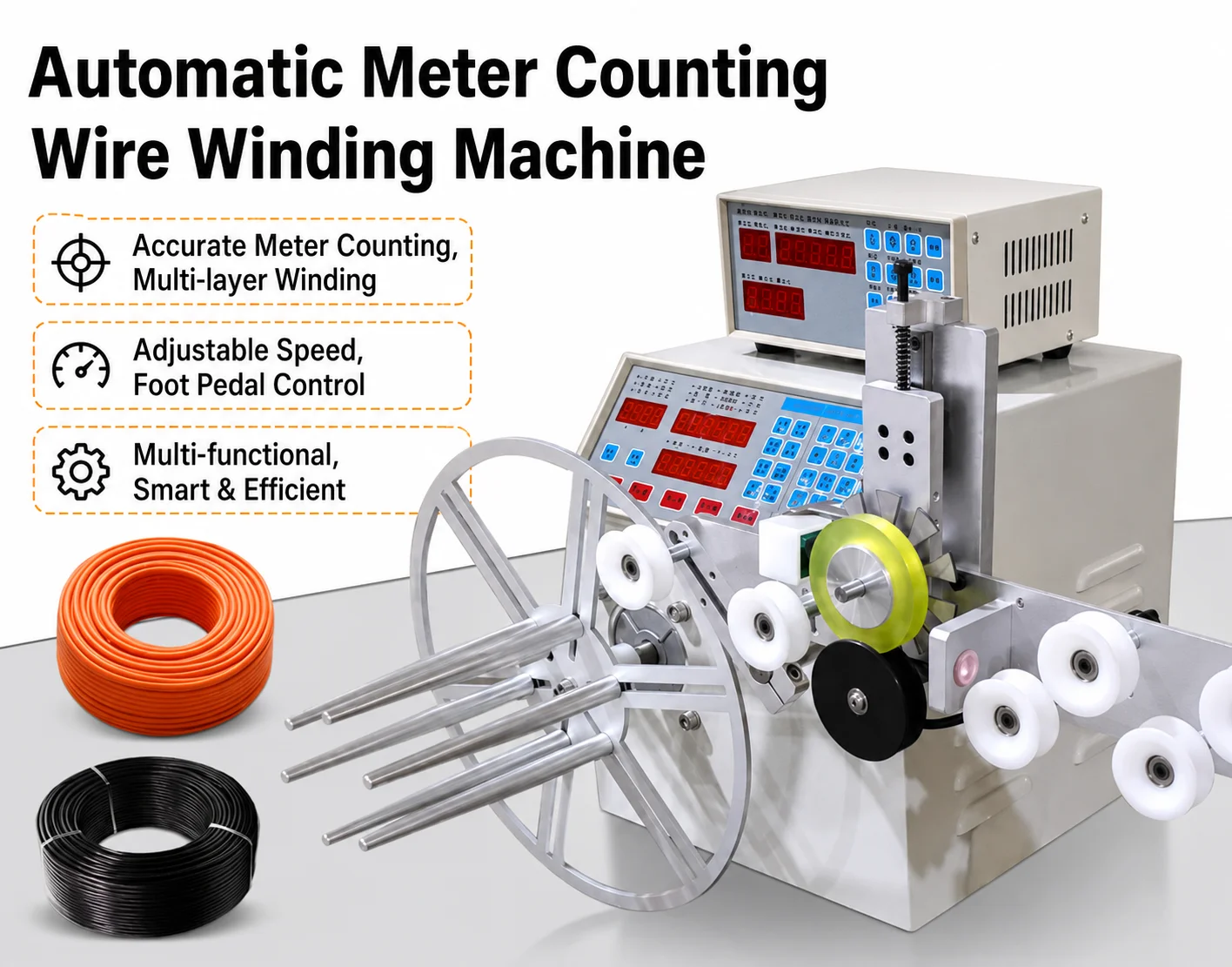 Automatic Meter Counting Cable Winding Machine with Wire Arranging for Data Cable Power Cord Headphone Wire Reeling Rewinding