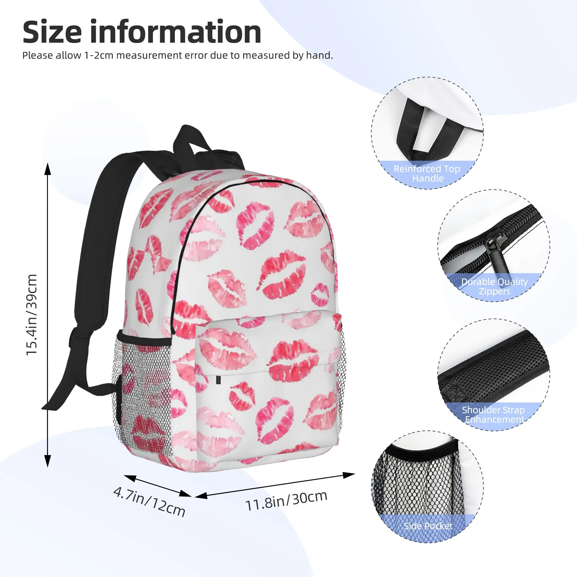 Cute Pink Boho Lip Print Pattern Backpack Hot Sale Daypack Large Capacity Boy Girl BookBag Shoulder Bag for Men Women School Bag