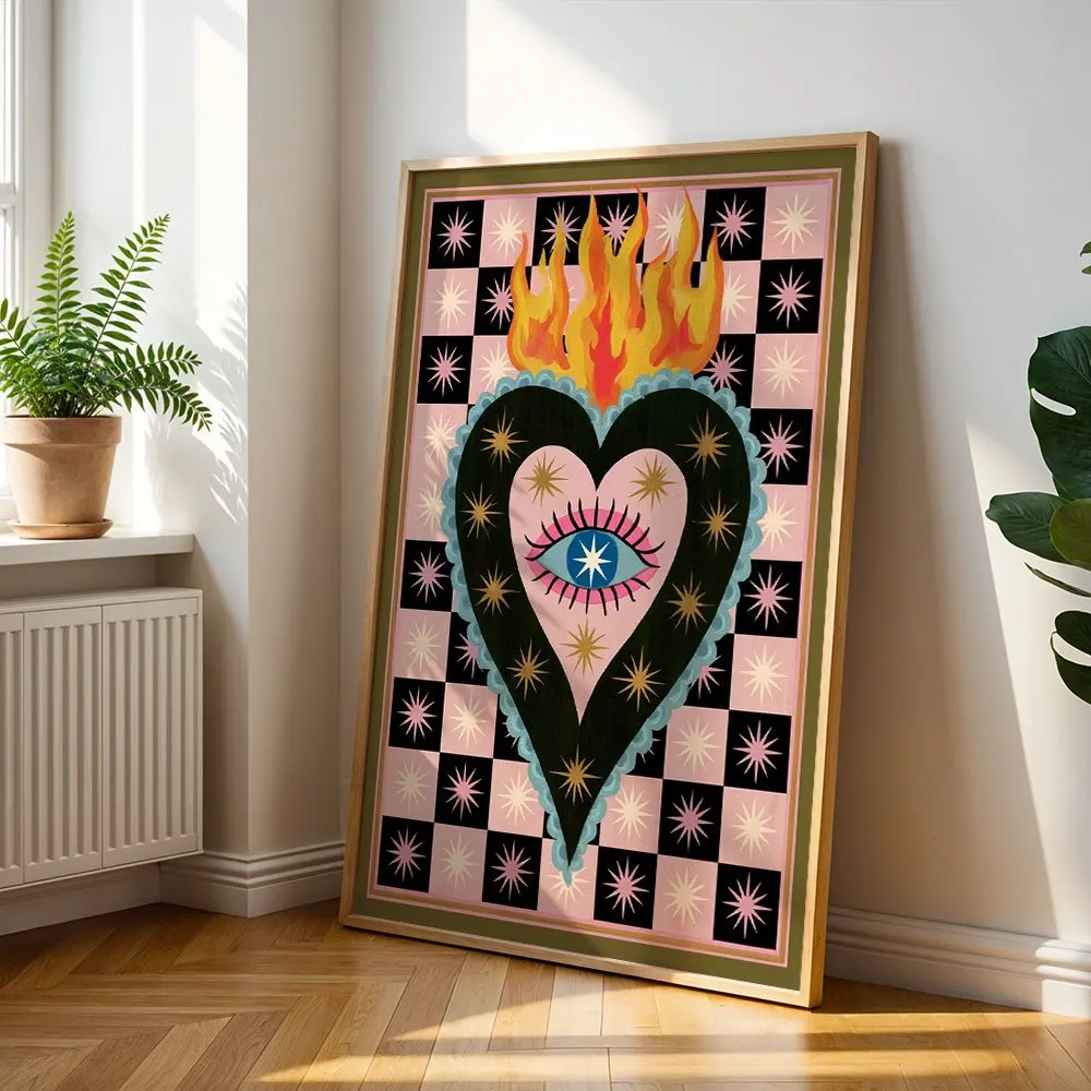 Bohemian Flaming Heart With Eyes Canvas Poster Wall Hanging, Wall Art For Living Room Bedroom