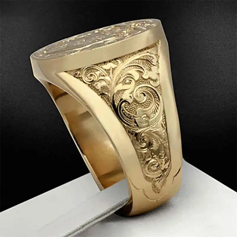 Explosive 18K yellow gold vintage carved Godfather ring Senior men\'s engagement wedding ring