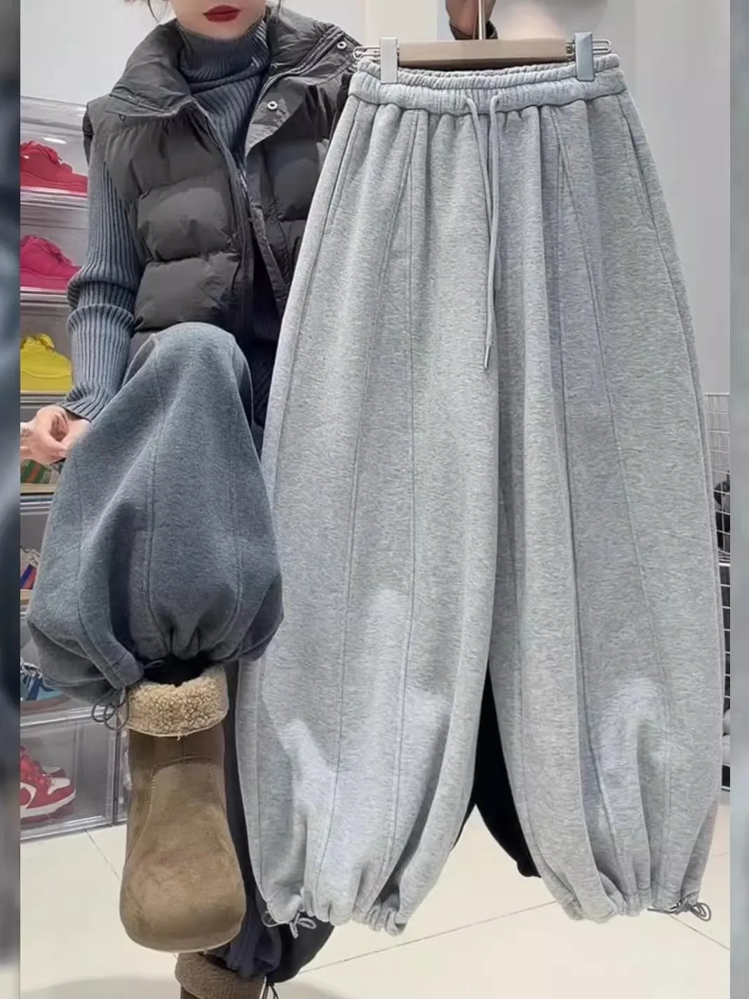 Women's Fleece Lined Loose Wide Leg Pants Winter High Waist Sporty Style Trousers with Pockets Thermal Casual Loose Fit Trousers