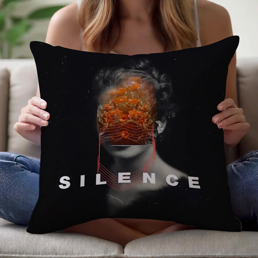 Minimalist Art Print Throw Pillow Case Black Background Orange Floral Design Typography Silence Decor Cushion Cover
