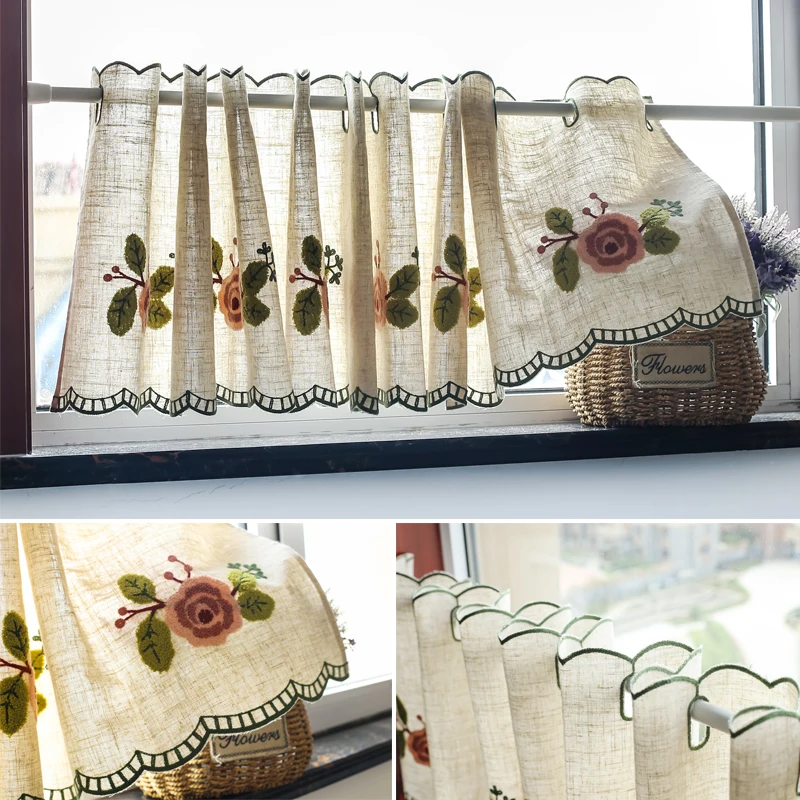 Cotton Linen Half Short Curtain for Living Room Embroidered Kitchen Bathroom Window Drilling Ready Made Small Window Drapes