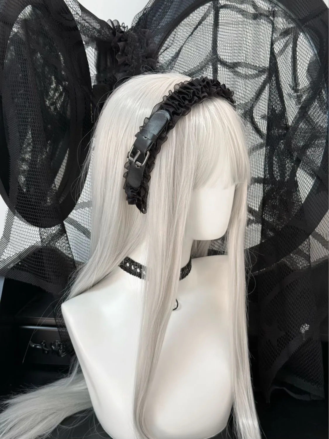 Y2K- Aro para el pelo de encaje con hebilla negra para niña, gótico oscuro, Punk, ropa de calle para mujer, diadema para discoteca, disfraz de Halloween