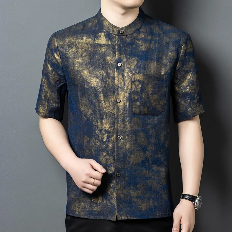 

High Quality Real Silk Men's Heavy Xiangyun Yarn Crack Short Sleeve Shirt Gilding Stand Collar Tangzhuang Middle-Aged Loose Top