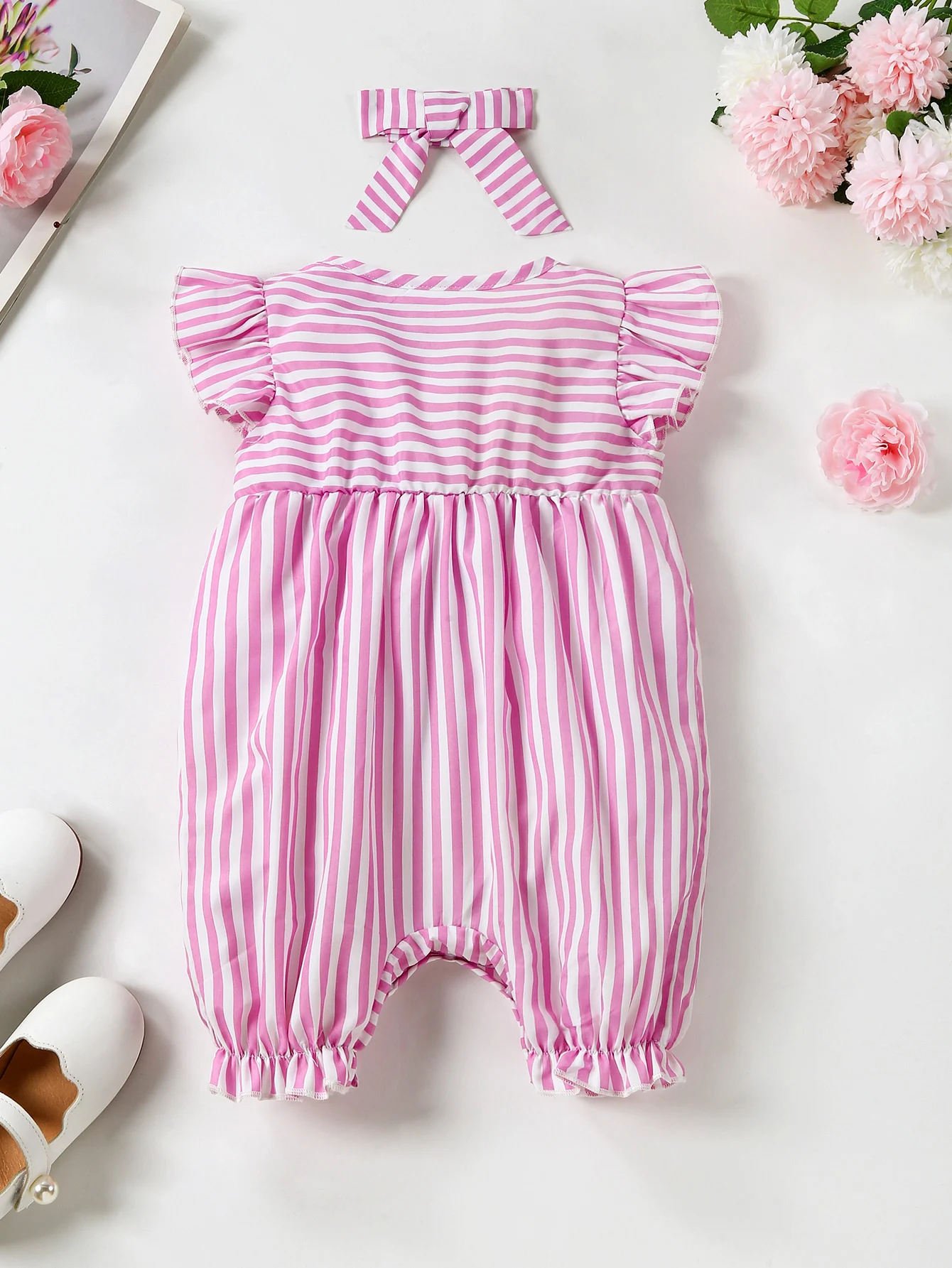 Baby Girl Summer 2-Piece Outfit Cute Striped Small Flying Sleeve Bowknot One-Piece Shorts with Headwrap