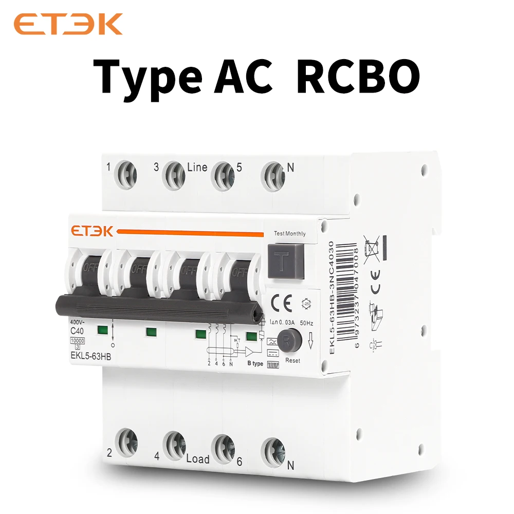 ETEK RCBO Residual Circuit Breaker Over Current Leakage Protection Type AC 1P+N 3P+N 2P 4P 63A 30mA EKL5